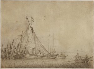 Fartyg vid en fiskdamm med en stad i bakgrunden av Hendrick Dubbels