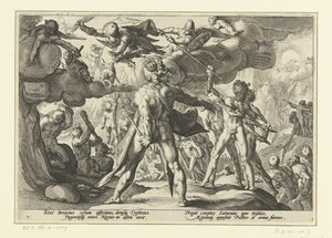 Jättarnas attack mot gudarnas värld Ovidius metamorfoser (serietitel) av Hendrick Goltzius (workshop of)