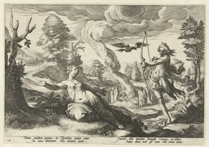 Apollo doodt Coronis Ovidius Metamorfosen (serietitel) av Hendrick Goltzius (workshop of)