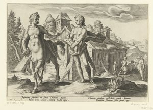 Apollo anförtror Asclepius åt Chiron Ovidius metamorfoser (serietitel) av Hendrick Goltzius (workshop of)