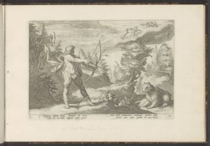 Arcas riktar sin pil mot Callisto Ovidius metamorfoser (serietitel) Rekreationer av P. Ovidius Naso (serietitel) av Hendrick Goltzius (workshop of)