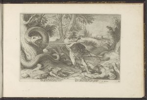 Cadmus dödar draken Ovidius metamorfoser (serietitel) Återskapanden av P. Ovidius Naso (serietitel) av Hendrick Goltzius (workshop of)