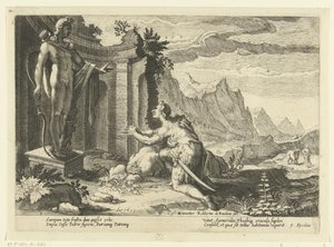 Cadmus frågar oraklet i Delphi vad han ska göra nu när han inte har kunnat hitta sin syster Europa Ovidius metamorfoser (serietitel) av Hendrick Goltzius (workshop of)