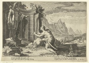 Cadmus frågar oraklet i Delphi vad han ska göra nu när han inte har kunnat hitta sin syster Europa Ovidius metamorfoser (serietitel) av Hendrick Goltzius (workshop of)
