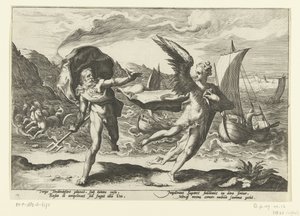 Taklisten förvandlas till en kraai Neptune och Coronis Ovidius Metamorfosen (serietitel) av Hendrick Goltzius (workshop of)