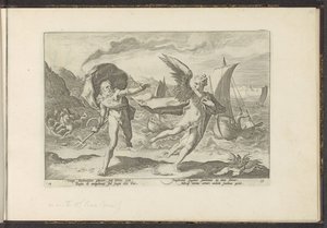 Cornix förvandlas till en kråka Ovidius metamorfoser (serietitel) Återskapanden av P. Ovidius Naso (serietitel) av Hendrick Goltzius (workshop of)