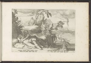 Corvus fångar flickan Coronis Ovidius metamorfoser (serietitel) Återskapanden av P. Ovidius Naso (serietitel) av Hendrick Goltzius (workshop of)
