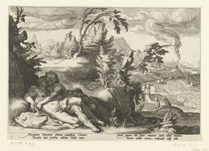 Corvus fångar flickan Coronis Ovidius metamorfoser (serietitel) av Hendrick Goltzius (workshop of)