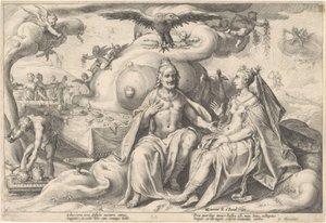 Diskussion mellan Jupiter och Juno Metamorphoses of Ovid (serietitel) av Hendrick Goltzius (workshop of)