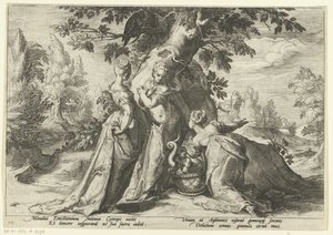 Cecrops döttrar öppnar Minervas korg Ovidius metamorfoser (serietitel) av Hendrick Goltzius (workshop of)