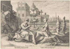 Juno närmar sig Semele i Beroes skepnad Metamorphoses of Ovid (serietitel) av Hendrick Goltzius (workshop of)