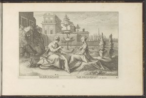 Juno närmar sig Semele i Beroes skepnad Ovidius metamorfoser (serietitel) Återskapanden av P. Ovidius Naso (serietitel) av Hendrick Goltzius (workshop of)