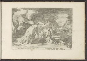 Juno förvandlar Callisto till en björn Ovidius metamorfoser (serietitel) Återskapanden av P. Ovidius Naso (serietitel) av Hendrick Goltzius (workshop of)