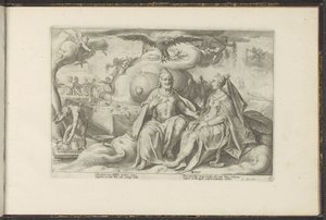 Jupiter och Juno diskuterar vilket av könen som har större kärlekslust Ovidius metamorfoser (serietitel) Återskapanden av P. Ovidius Naso (serietitel) av Hendrick Goltzius (workshop of)