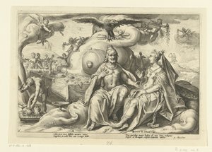 Jupiter och Juno diskuterar vilket av könen som har större kärlekslust Ovidius metamorfoser (serietitel) av Hendrick Goltzius (workshop of)
