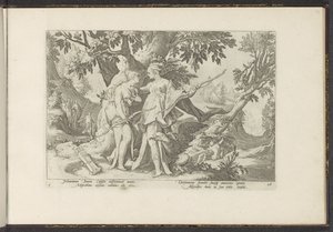 Jupiter förför Callisto i Dianas skepnad Ovidius metamorfoser (serietitel) Återskapanden av P. Ovidius Naso (serietitel) av Hendrick Goltzius (workshop of)