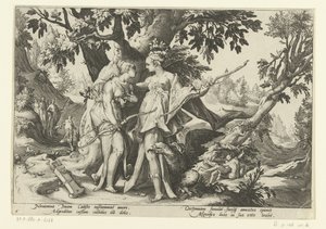 Jupiter förför Callisto i Dianas skepnad Ovidius metamorfoser (serietitel) av Hendrick Goltzius (workshop of)