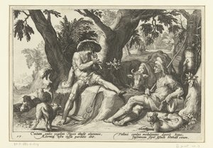 Mercury spelar flöjt för Argus Ovidius metamorfoser (serietitel) av Hendrick Goltzius (workshop of)
