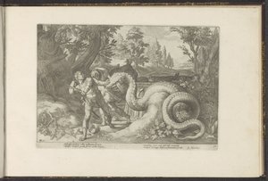 Kamrater till Cadmus slukade av en drake Ovidius metamorfoser (serietitel) Återskapanden av P. Ovidius Naso (serietitel) av Hendrick Goltzius (workshop of)