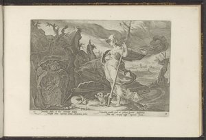 Minerva ber Envy att väcka svartsjuka i Aglauros Ovidius metamorfoser (serietitel) Rekreationer av P. Ovidius Naso (serietitel) av Hendrick Goltzius (workshop of)