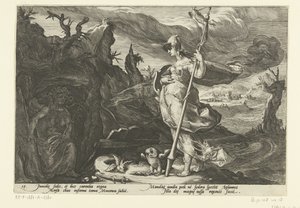 Minerva ber Envy att väcka svartsjuka i Aglauros Ovidius metamorfoser (serietitel) av Hendrick Goltzius (workshop of)