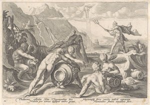 Neptunus beordrar flodgudarna att orsaka en översvämning Metamorphoses of Ovid (serietitel) av Hendrick Goltzius (workshop of)