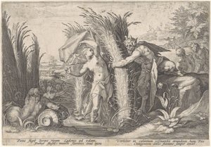 Pan en Syrigs Transformed van Ovid (serietitel) av Hendrick Goltzius (workshop of)