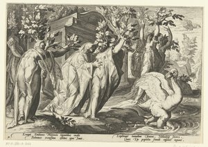 Phaëthons systrar förvandlas till poppel och hans vän till en svan Ovidius metamorfoser (serietitel) av Hendrick Goltzius (workshop of)