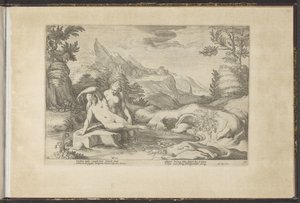 Salmacis och Hermafroditus Ovidius Metamorfosen (serietitel) Herscheppingen van P. Ovidius Naso (serietitel) av Hendrick Goltzius (workshop of)