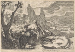 Thisbe flyr från lejoninnan Metamorphoses of Ovid (serietitel) av Hendrick Goltzius (workshop of)