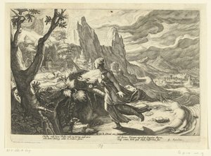 Thisbe flyr från ett lejon Ovidius metamorfoser (serietitel) av Hendrick Goltzius (workshop of)
