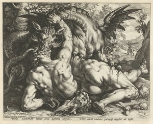 En drake som slukar Cadmus följeslagare Kamrater till Cadmus slukade av en drake av Hendrick Goltzius