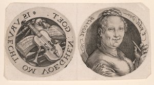 Byst av en kvinna med flöjt och musikinstrument, på ett ark av Hendrick Goltzius