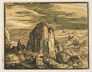 Klippa på en havsstrand av Hendrick Goltzius