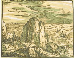 Cliff on a Seashore, från fyra små landskap av Hendrick Goltzius