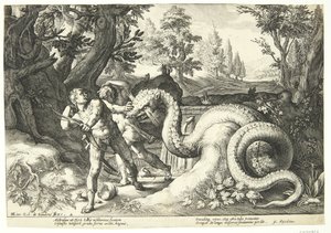 Draken slukar Kadmos följeslagare av Hendrick Goltzius