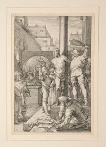 Flagellation of Christ, från The Passion, #6 i en serie av 12 gravyrer av Hendrick Goltzius