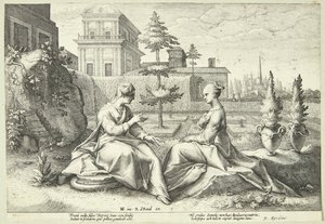 Juno förklädd till Beroë varnar Semele av Hendrick Goltzius