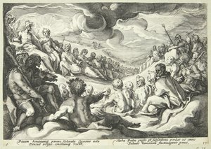 Jupiter rådgör med gudarna om förstörelsen av universum av Hendrick Goltzius