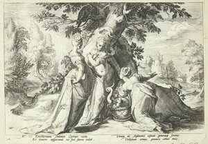 Kekrops döttrar öppnar korgen som Minerva anförtrott dem av Hendrick Goltzius