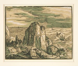 Landskap med klippa på stranden av Hendrick Goltzius
