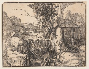 Landskap med vattenfall av Hendrick Goltzius