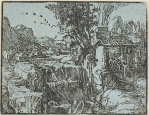 Landskap med ett vattenfall, från fyra små landskap av Hendrick Goltzius