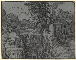 Landskap med vattenfall och kvarn, blad 1 i serien "Fyra små landskap" av Hendrick Goltzius