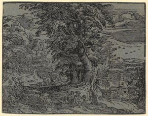 Landskap med sittande par och herde, blad 2 ur serien "Fyra små landskap" av Hendrick Goltzius