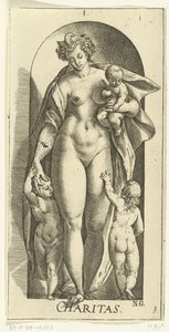 Kärlek Välgörenhet (titel på objekt) De sju dygderna (serietitel) av Hendrick Goltzius