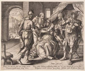 Lucretia tar livet av sig, från The Story of Lucretia av Hendrick Goltzius