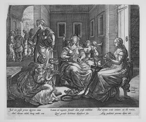 Lucretia och hennes spinnande kvinnor av Hendrick Goltzius