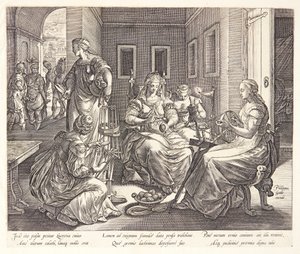 Lucretia spinner med sina hovdamer av Hendrick Goltzius