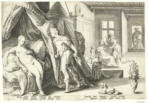 Mercury kommer in i Herses rum efter att ha förvandlat Agraulos till sten av Hendrick Goltzius